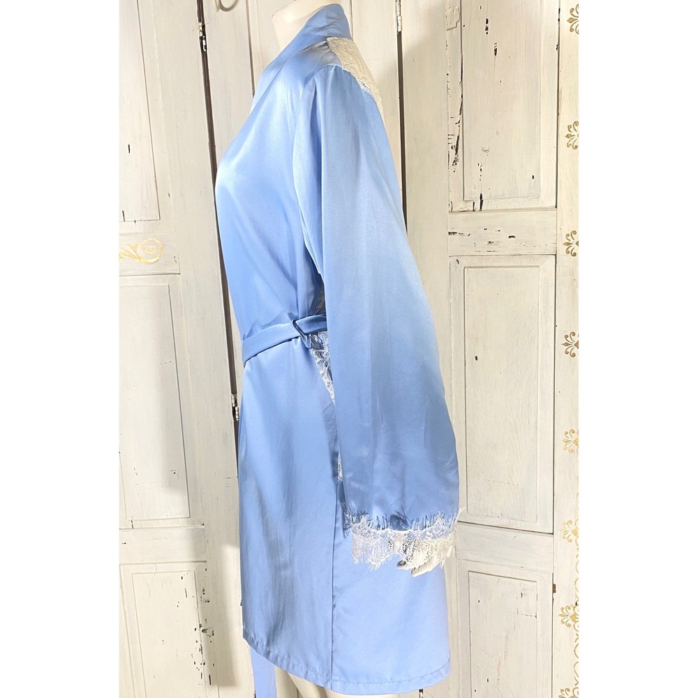 Fredericks‎ of Hollywood Blue Satin Lace Back Robe L Bridal Lingerie Loungewear - Picture 3 of 7